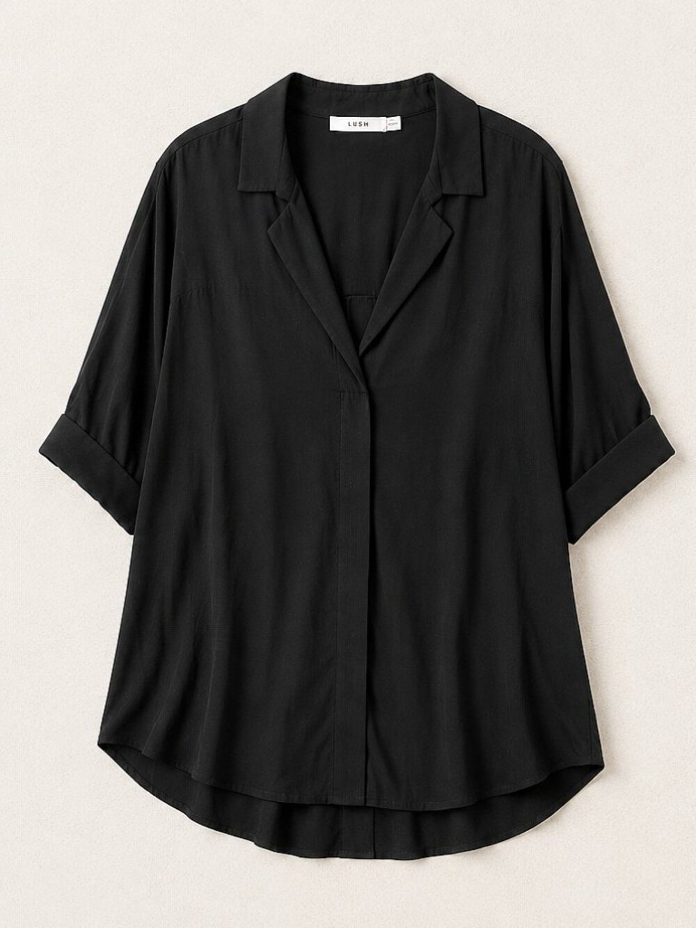 LUSH Black Collared V-Neck Blouse 100% Rayon High Low Back Button Shirt - XL/2XL - Picture 4 of 7